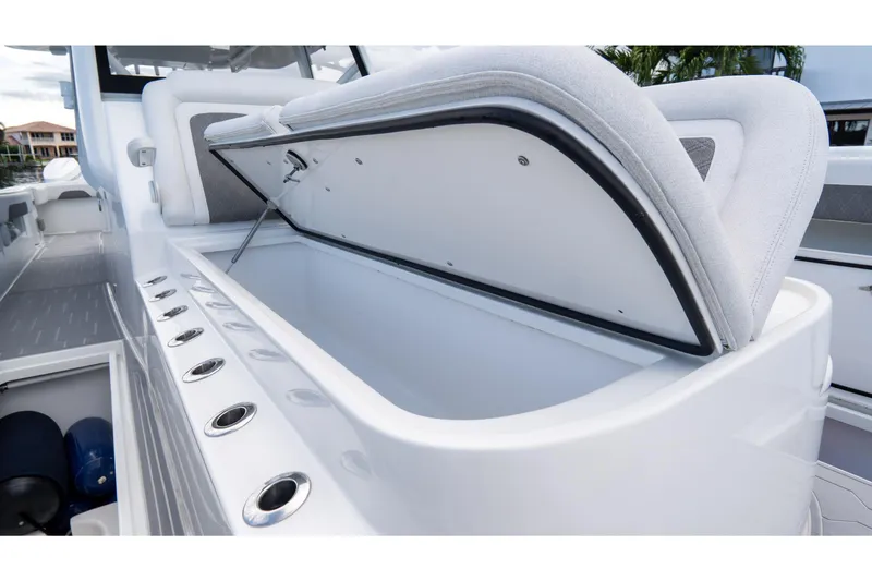 Slide: The Image of Open storage compartment on 2025 Front Runner 43 Catamaran, showcasing sleek design and functionality. - 25
