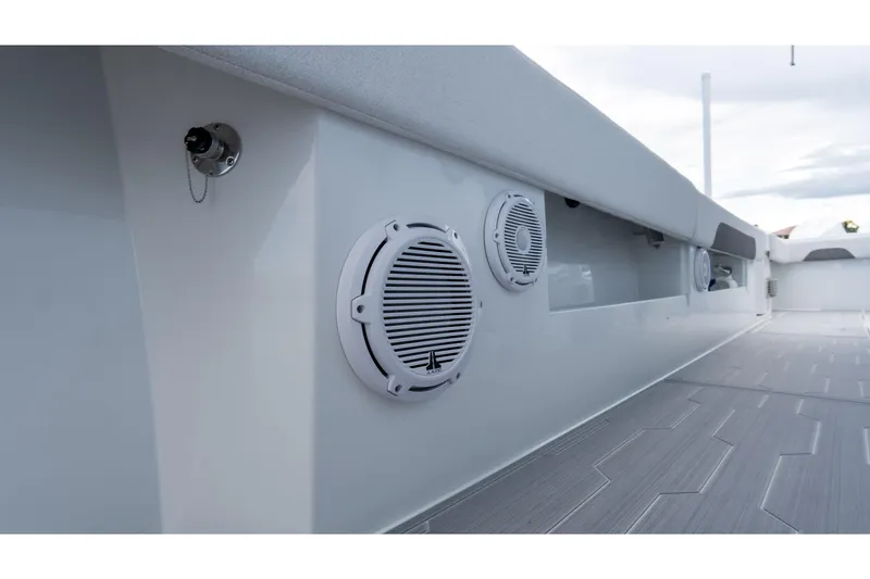 Slide: The Image of 2025 Front Runner 43 Catamaran interior with sleek design and integrated speakers. - 31