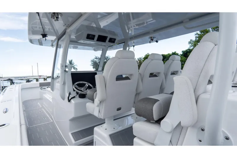 Slide: The Image of 2025 Front Runner 43 Catamaran interior with modern seating and sleek design. - 50