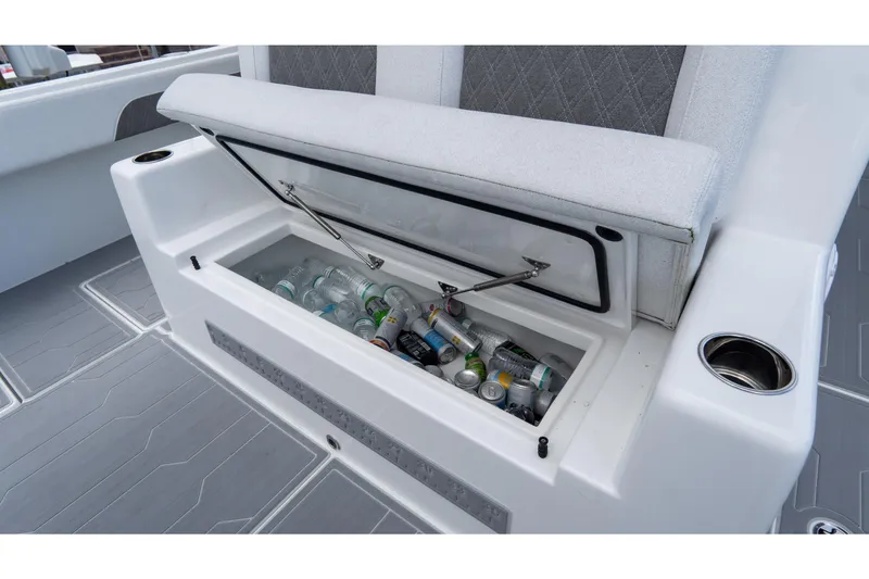 Slide: The Image of Built-in cooler on 2025 Front Runner 43 Catamaran, filled with drinks and ice. - 60