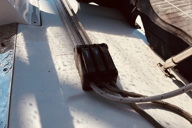 Slide: The Image of Close-up of a 2005 Hunter 33 sailboat deck with rigging details. - 20