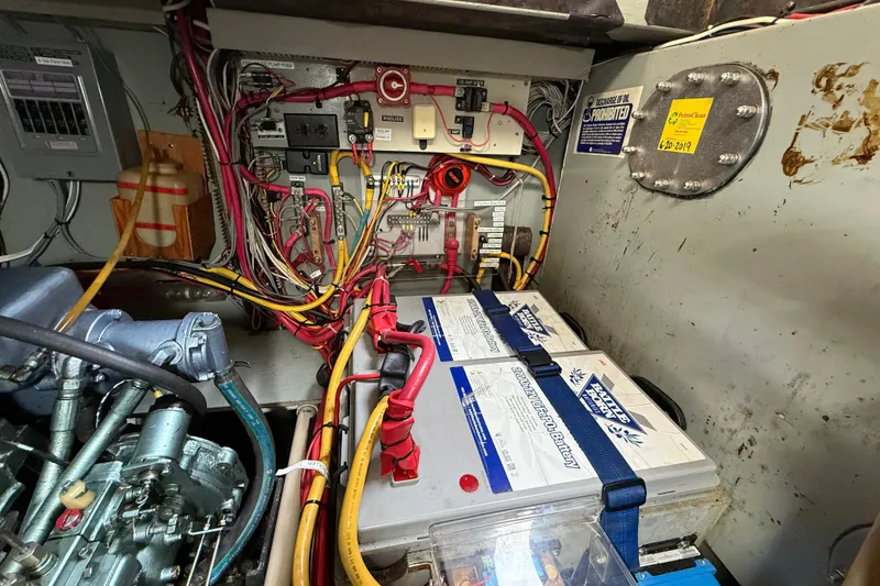 Slide: The Image of Electrical system and batteries inside a 1980 Nauticat Pilothouse boat. - 44