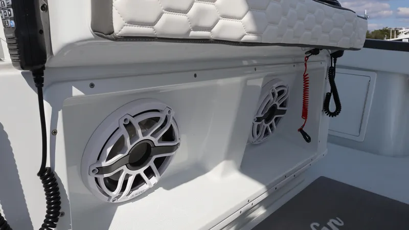 Slide: The Image of 2025 Yellowfin 39 Offshore boat speakers and seating detail. - 41