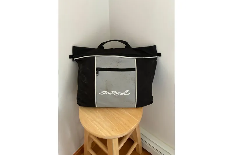 Slide: The Image of Black and gray Sea Ray bag on wooden stool, showcasing SDX 270 Outboard branding. - 44