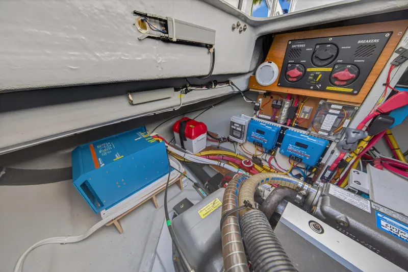 Slide: The Image of Electrical system of 2021 Lagoon 46 Owner's Version yacht, featuring batteries and breakers. - 30