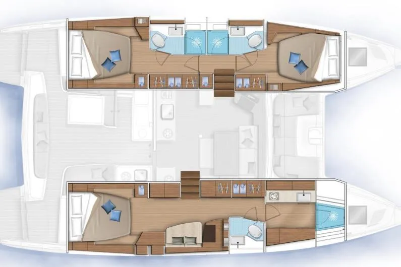 Slide: The Image of Floor plan of 2021 Lagoon 46 Owner's Version catamaran, featuring spacious cabins and modern amenities. - 2