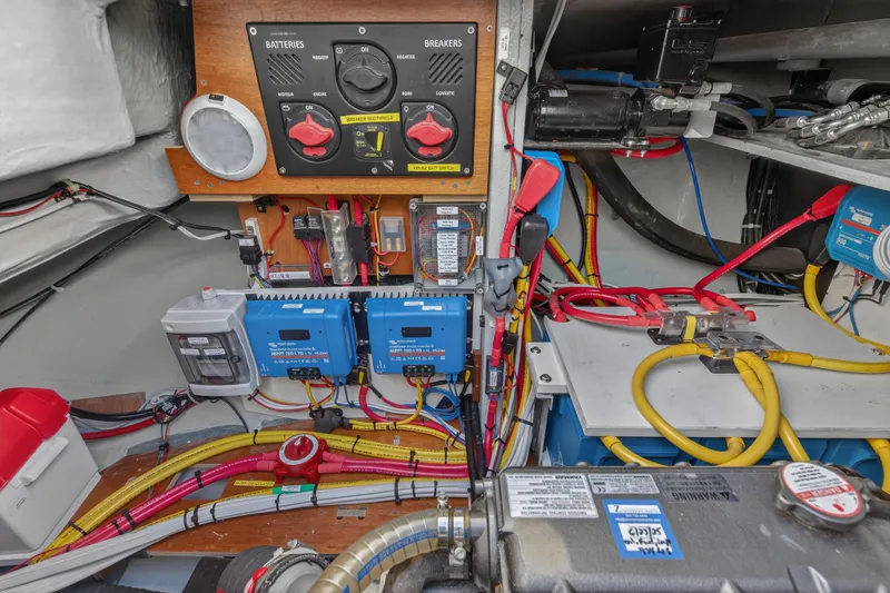 Slide: The Image of Electrical system of a 2021 Lagoon 46 Owner's Version yacht, featuring batteries and breakers. - 29