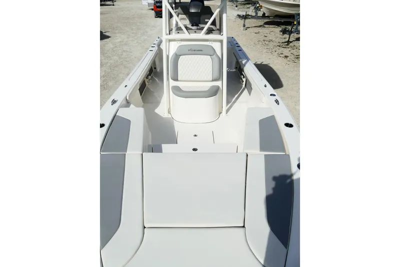 Slide: The Image of 2026 Avenger AV26 boat interior with cushioned seating and sleek design. - 44