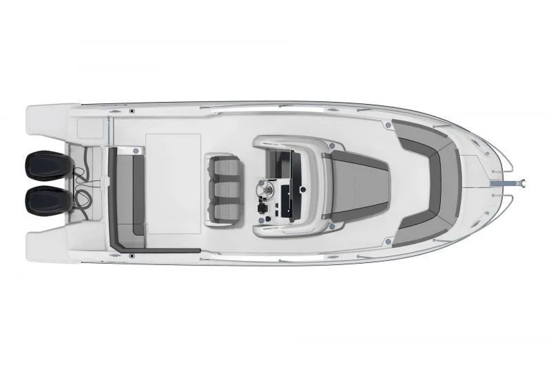Slide: The Image of Top view of 2025 Jeanneau Leader 9.0 CC boat layout, featuring dual engines and spacious seating. - 6