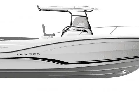 Slide: The Image of 2025 Jeanneau Leader 9.0 CC boat, sleek design, side view, white hull, modern features. - 9
