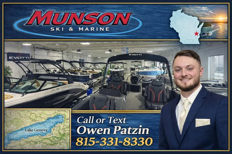 Slide: The Image of Munson Ski & Marine showroom with boats, contact Owen Patzin for 2026 Godfrey SW 2286 SFL. - 20
