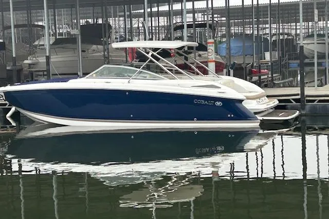 The Image of 2014 Cobalt 302 boat docked in marina, blue and white exterior. - 2