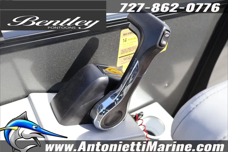 Slide: The Image of Throttle control of 2026 Bentley Pontoons Legacy 203 Swingback, featuring contact details and logo. - 15