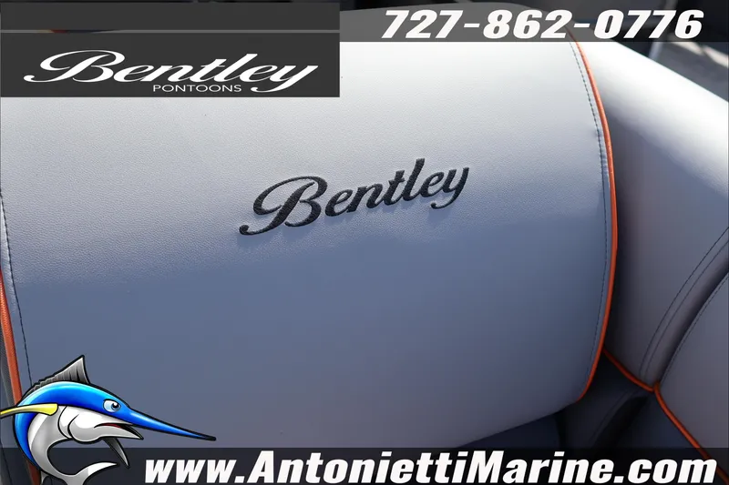 Slide: The Image of 2026 Bentley Pontoons Legacy 203 Swingback seat with logo, contact info, and website. - 20