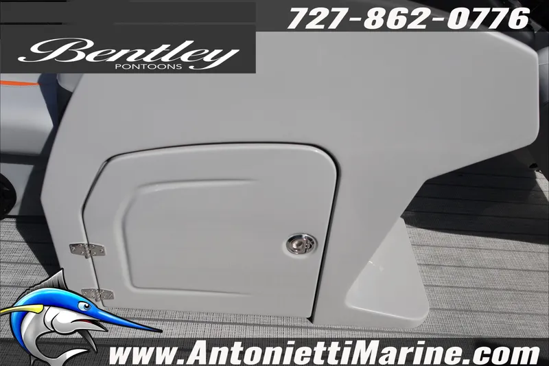 Slide: The Image of Bentley Pontoons Legacy 203 Swingback 2026, featuring storage compartment, Antonietti Marine branding. - 22