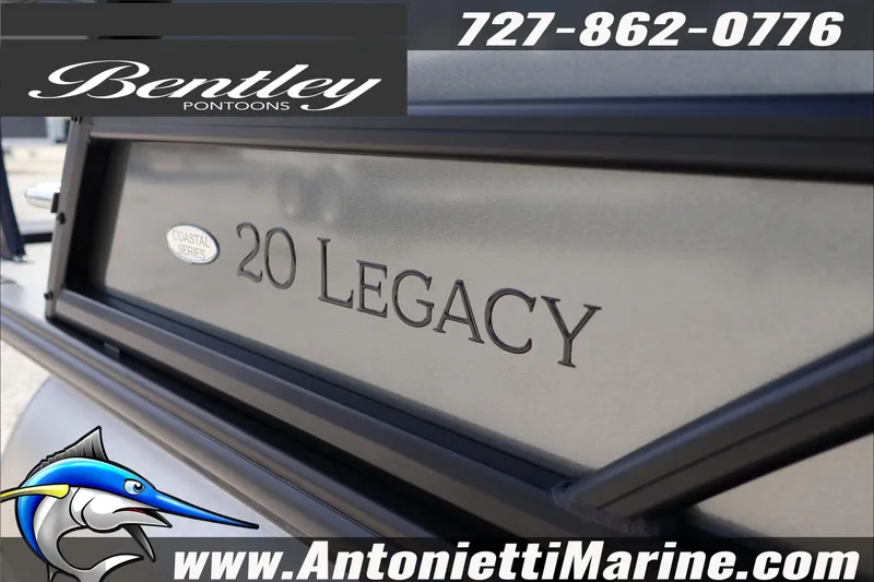 Slide: The Image of Bentley Pontoons Legacy 203 Swingback 2026, Coastal Series branding, Antonietti Marine contact details. - 4