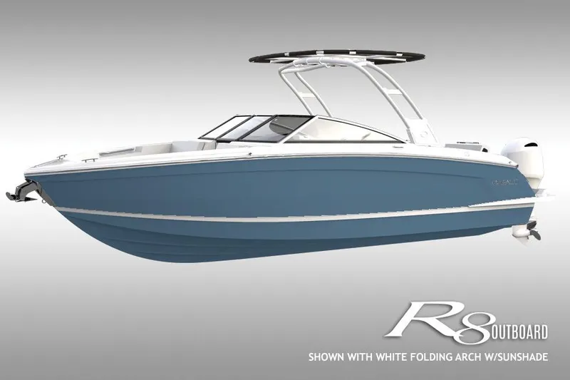 Slide: The Image of 2026 Cobalt R8 Outboard with white folding arch and sunshade. - 0