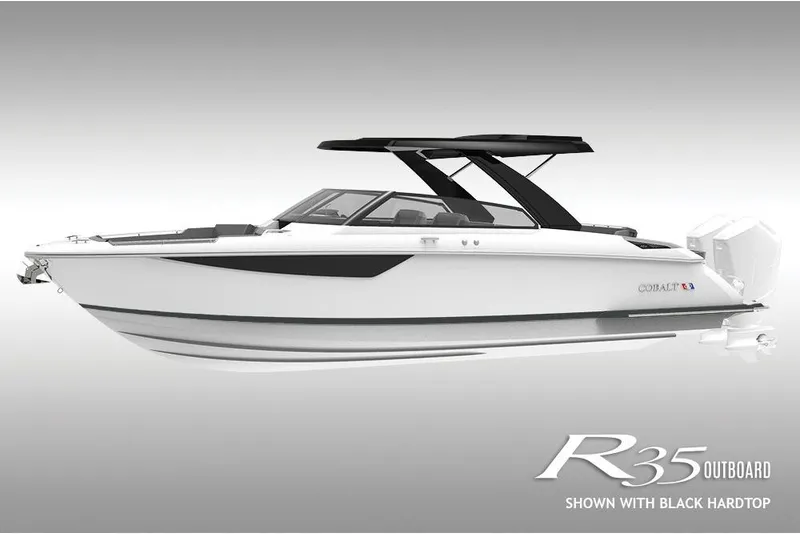 Slide: The Image of 2026 Cobalt R35 Outboard with black hardtop, side view. - 0