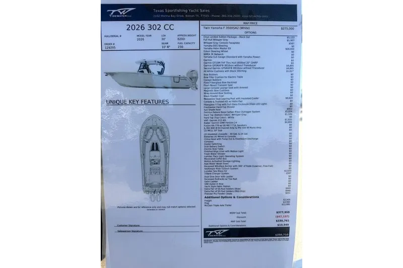 Slide: The Image of 2026 Tidewater 302 CC Adventure boat specifications and features list, including pricing and options. - 15