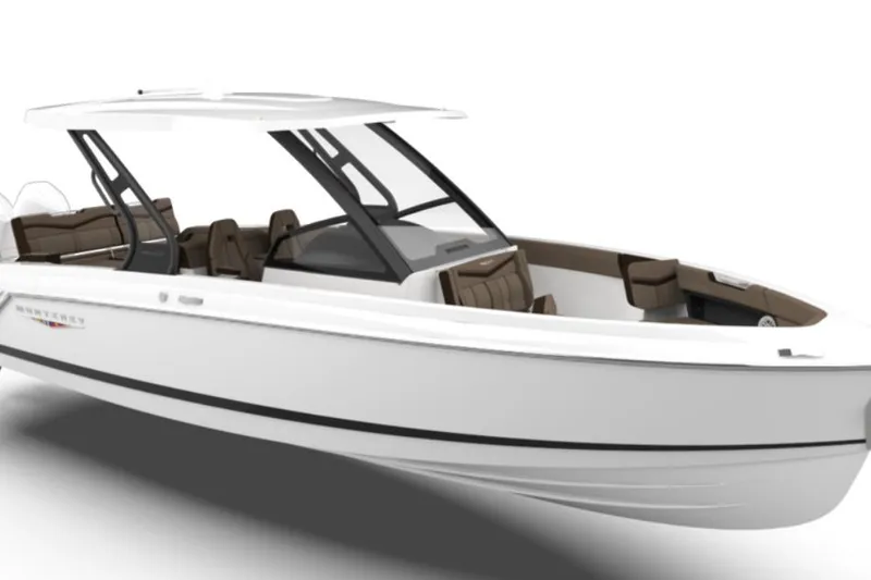 The Image of 2026 Monterey Elite 30 OB boat, sleek design, white exterior, spacious seating. - 1