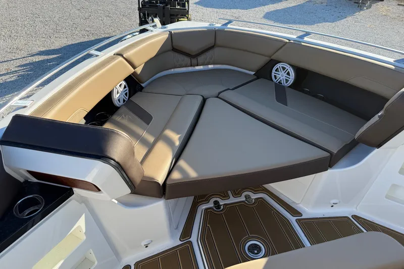 Slide: The Image of Luxurious seating area on 2026 Monterey Elite 30 OB boat with premium upholstery. - 18