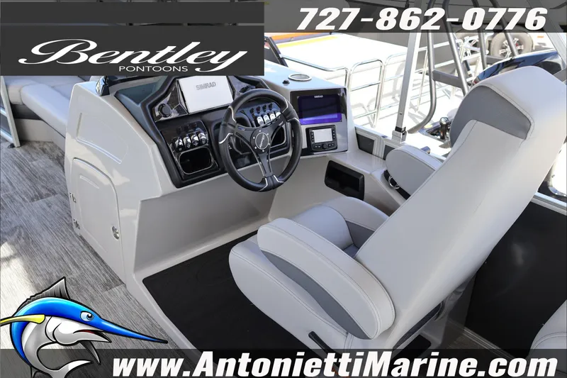 Slide: The Image of 2026 Bentley Pontoons Elite 253 Admiral interior with steering console and seating. - 11
