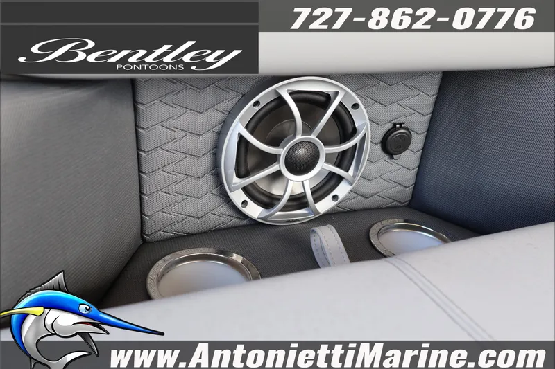 Slide: The Image of 2026 Bentley Pontoons Elite 253 Admiral interior speaker and cup holders. - 19