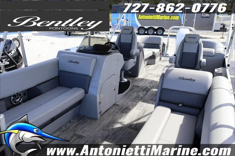 Slide: The Image of 2026 Bentley Pontoons Elite 253 Admiral interior with luxurious seating at Antonietti Marine. - 20