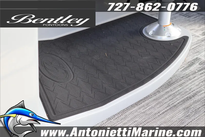 Slide: The Image of 2026 Bentley Pontoons Elite 253 Admiral deck detail with contact information and logo. - 23
