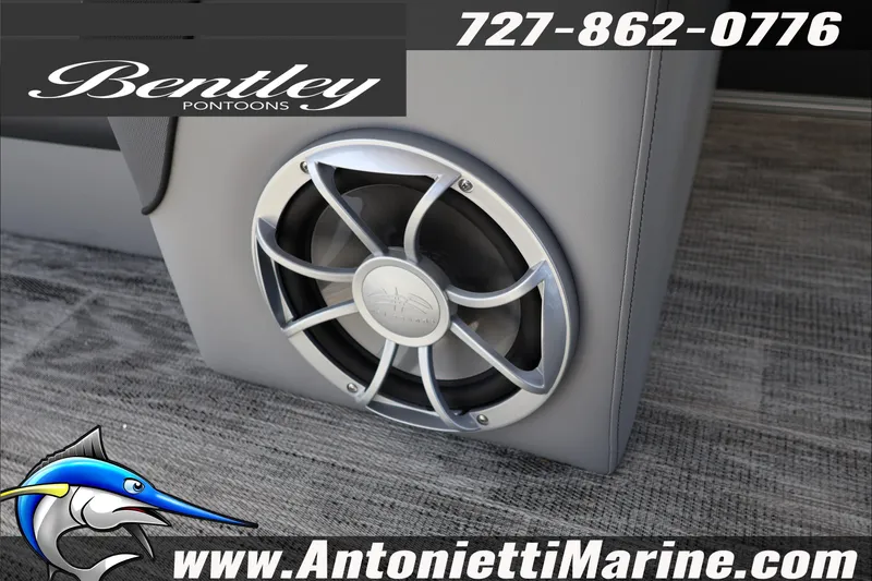 Slide: The Image of Bentley Pontoons Elite 253 Admiral 2026 speaker detail, featuring sleek design and branding. - 25