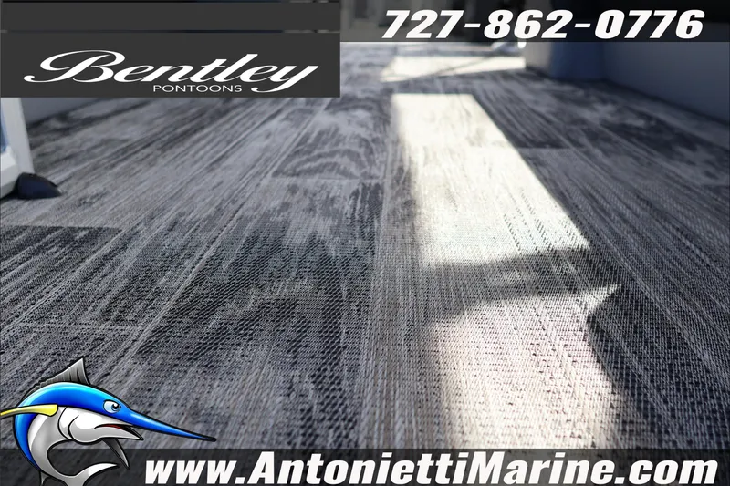 Slide: The Image of Bentley Pontoons Elite 253 Admiral 2026 flooring, featuring marine-themed design and contact details. - 26