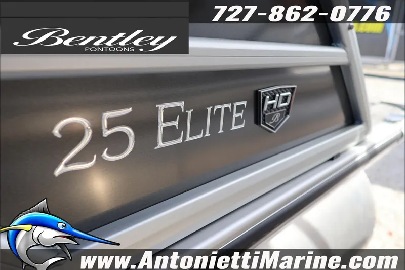 Slide: The Image of 2026 Bentley Pontoons Elite 253 Admiral branding with contact and website details. - 3