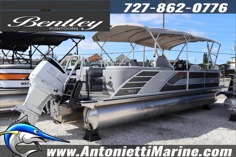 Slide: The Image of 2026 Bentley Pontoons Elite 253 Admiral with canopy, displayed at Antonietti Marine. - 6