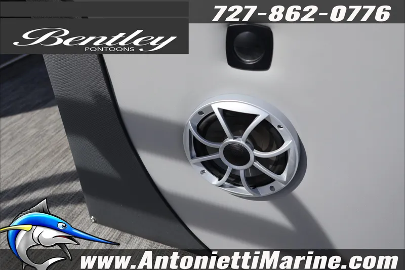 Slide: The Image of Speaker system on 2026 Bentley Pontoons Elite 253 Admiral, Antonietti Marine branding. - 8