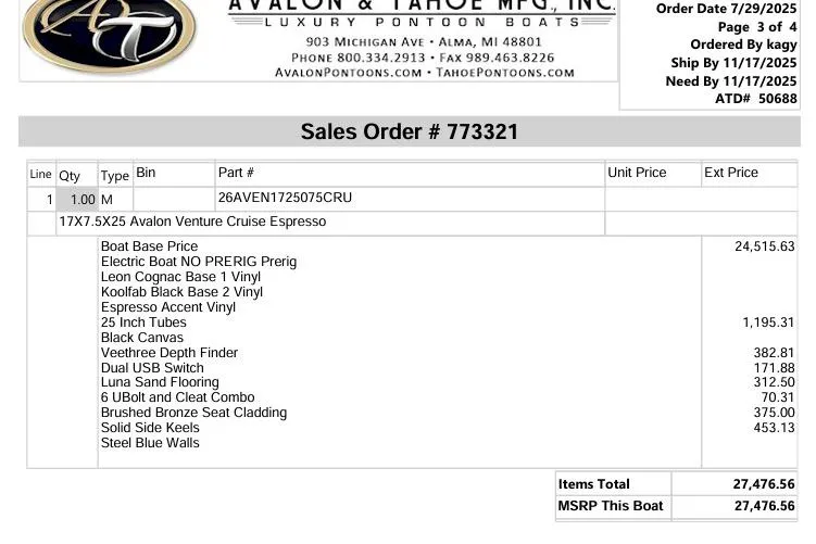 Slide: The Image of Sales order for 2026 Avalon Venture Cruise boat with detailed specifications and pricing. - 7