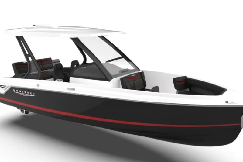 Slide: The Image of Interior of 2026 Monterey Elite 27 SD boat with modern seating and dashboard. - 1