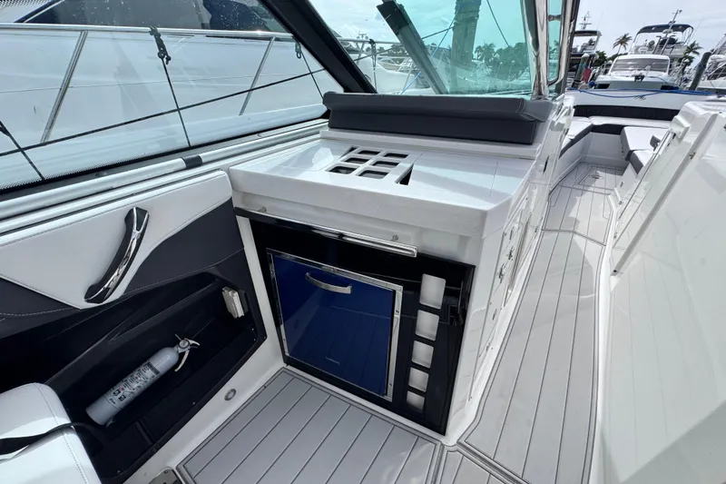 Slide: The Image of 2021 Monterey 378 Super Express yacht interior with sleek design and modern amenities. - 18