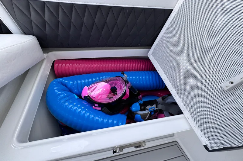 Slide: The Image of Storage compartment in 2021 Monterey 378 Super Express with colorful pool floats and snorkel gear. - 25