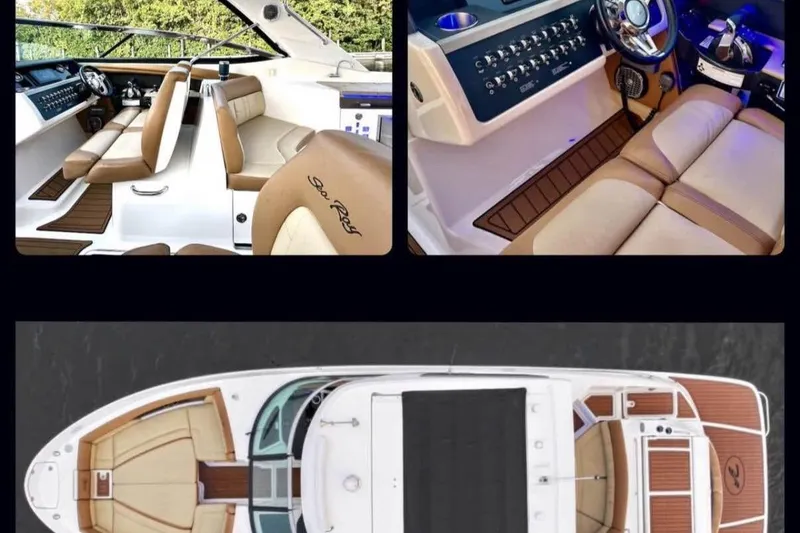 Slide: The Image of 2015 Sea Ray 350 SLX boat interior and aerial view, showcasing luxury seating and controls. - 11