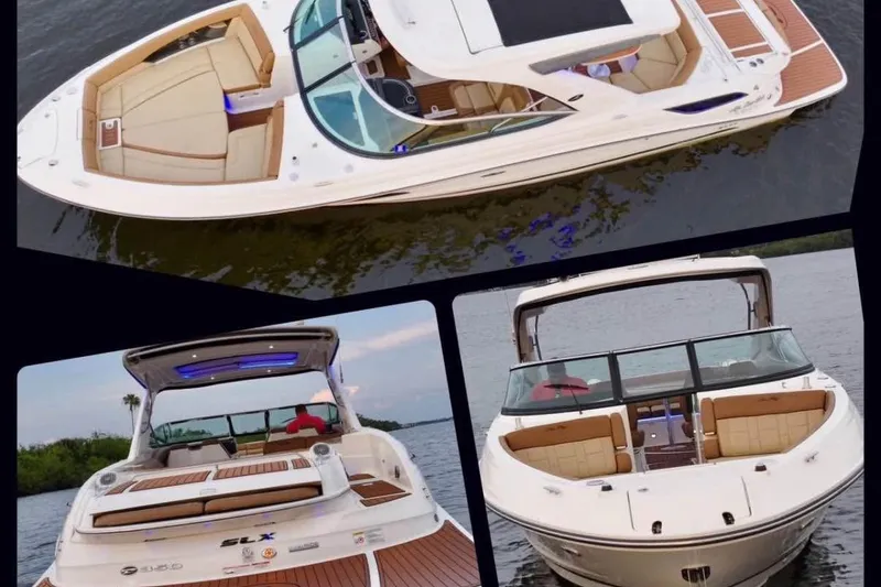 Slide: The Image of 2015 Sea Ray 350 SLX boat with luxurious seating and sleek design on the water. - 12
