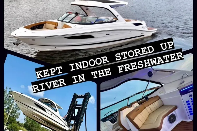 Slide: The Image of 2015 Sea Ray 350 SLX boat, indoor stored, freshwater use, luxurious interior. - 2