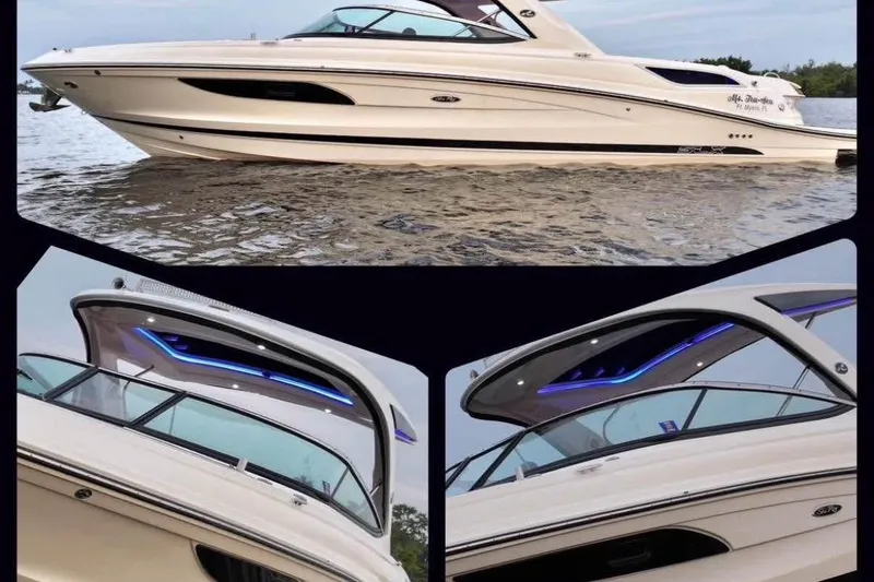 Slide: The Image of 2015 Sea Ray 350 SLX boat on water, featuring sleek design and modern interior lighting. - 3