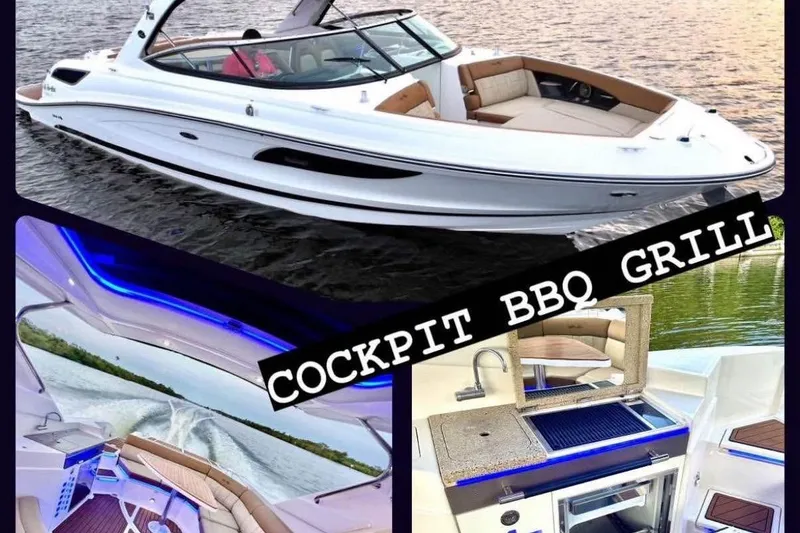 Slide: The Image of 2015 Sea Ray 350 SLX boat with cockpit BBQ grill and luxurious interior. - 5