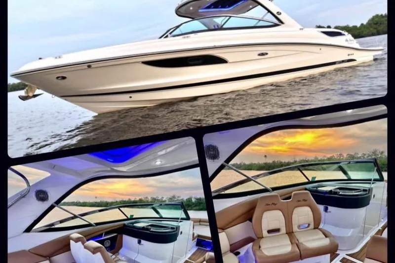 Slide: The Image of 2015 Sea Ray 350 SLX boat on water, featuring luxurious interior and sunset view. - 7