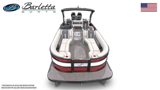 Slide: The Image of 2025 Barletta Twin L25UCAT pontoon boat, spacious seating, elegant design, American flag, logo. - 6