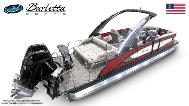 Slide: The Image of 2025 Barletta Twin L25UCAT pontoon boat with sleek design and powerful engine. - 4