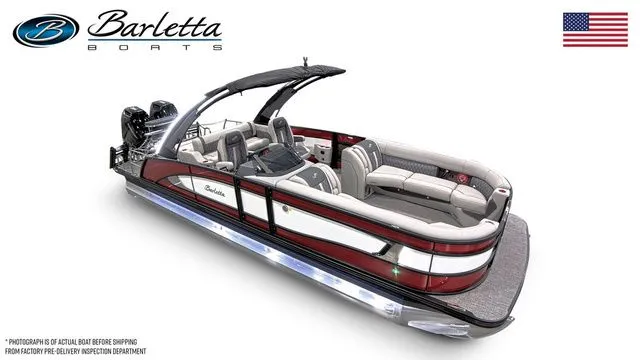 Slide: The Image of 2025 Barletta Twin L25UCAT luxury pontoon boat with sleek design and modern features. - 5