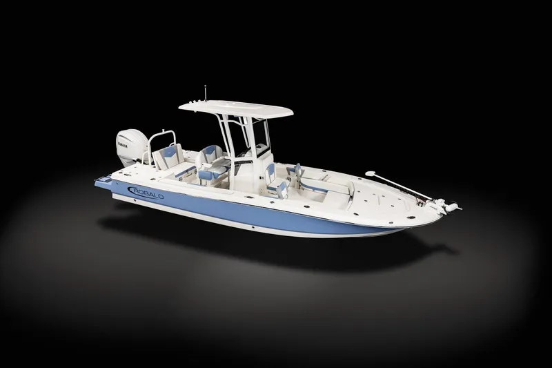 Slide: The Image of Manufacturer Provided Image: 2025 Robalo 246 Cayman boat, sleek design, white and blue, center console, outboard motor. - 2