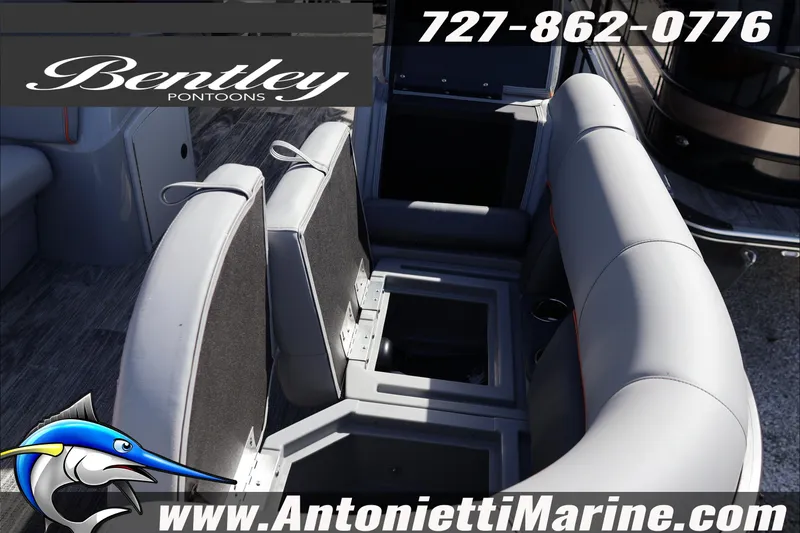 Slide: The Image of 2026 Bentley Pontoons Bolt 223 interior seating with storage compartments, showcased by Antonietti Marine. - 16