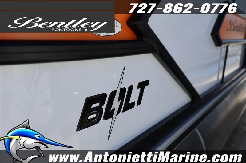 Slide: The Image of 2026 Bentley Pontoons Bolt 223 boat with branding and contact details. - 6